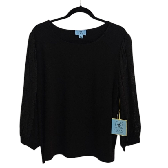 CeCe Lace Sleeve Stretch Crepe Blouse Black 3/4 Sleeves size 2X NWT - Picture 3 of 9
